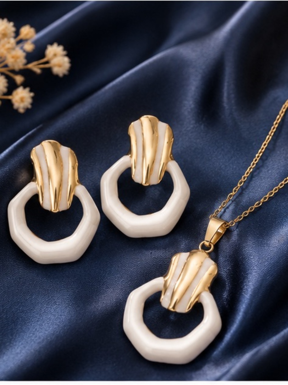 Stainless Steel White & Gold Geometric Jewelry Set